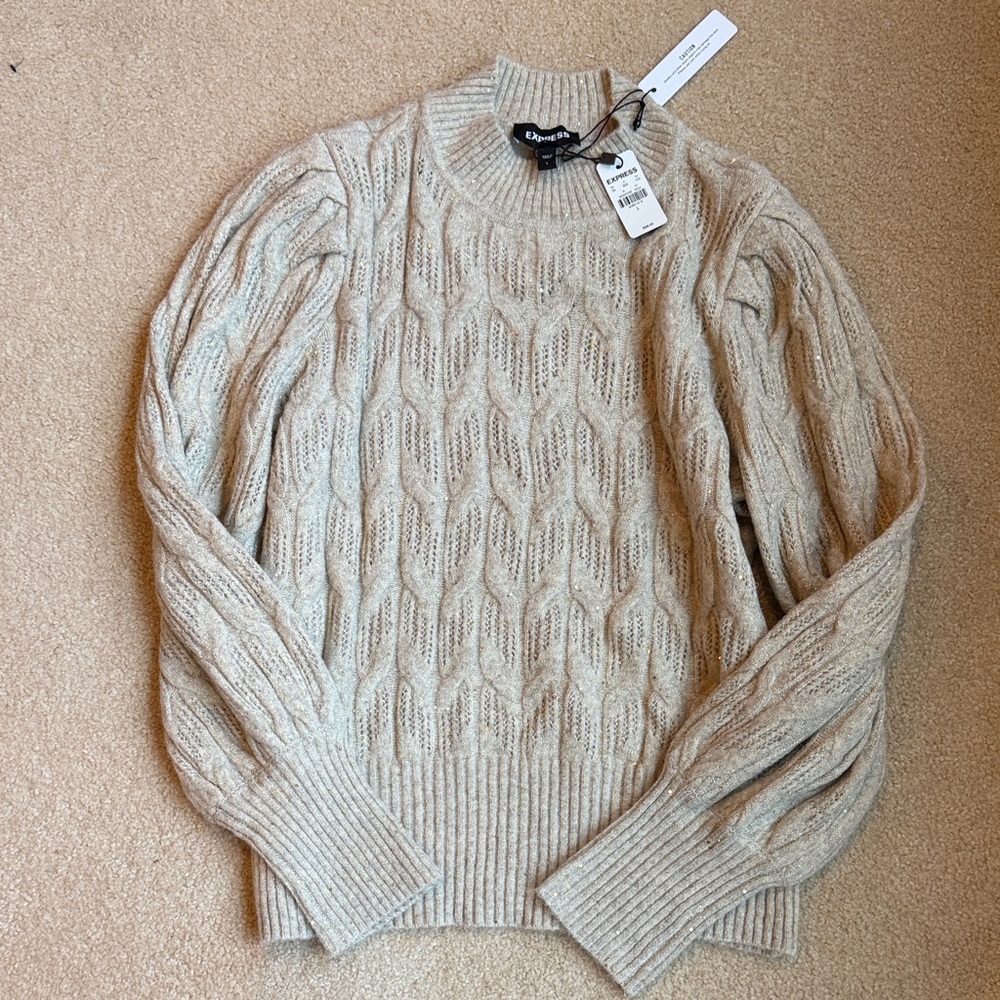 NWT Express Beige Cable Knit Sweater with gold thread and sequin